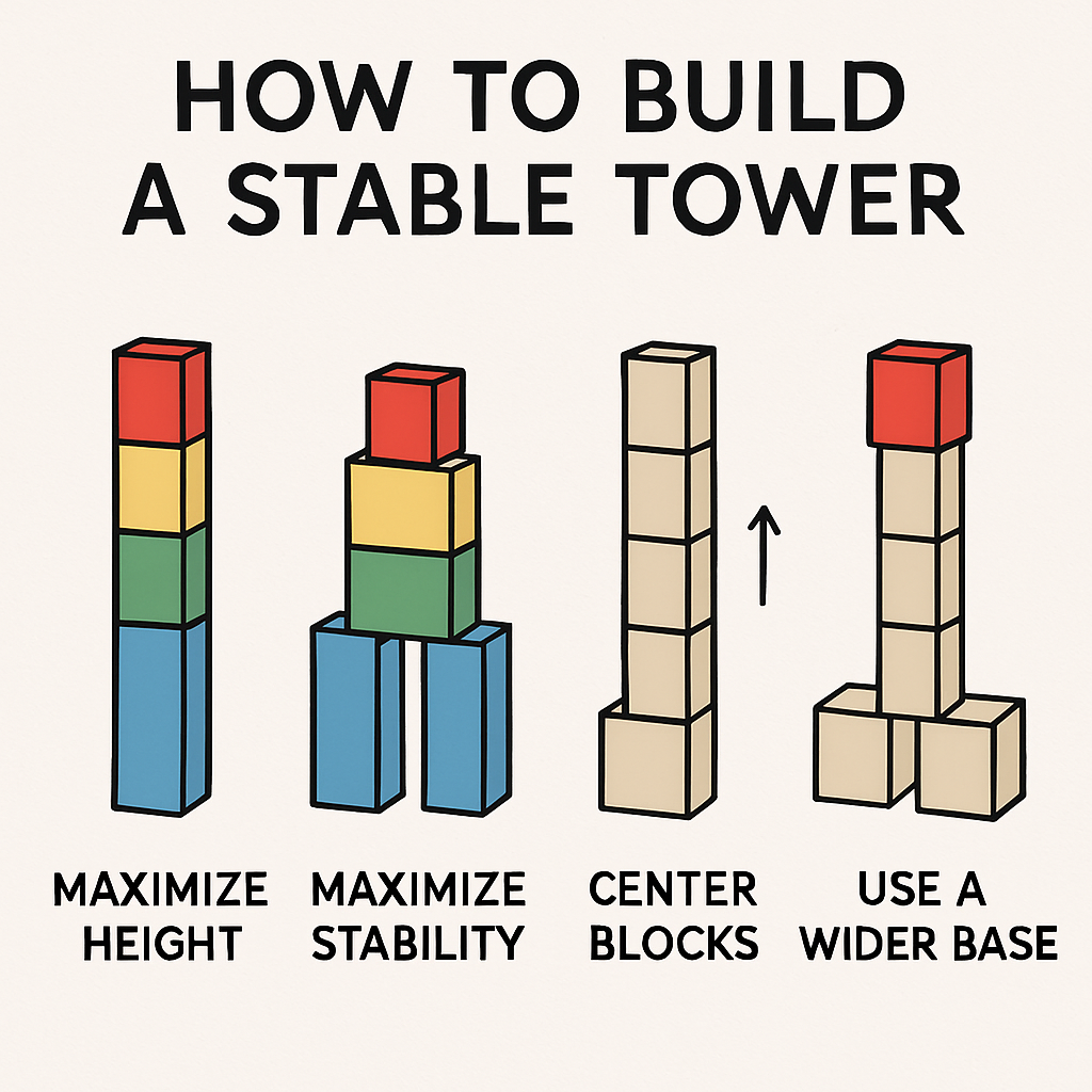 A diagram showing how to build a stable tower with different types of blocks